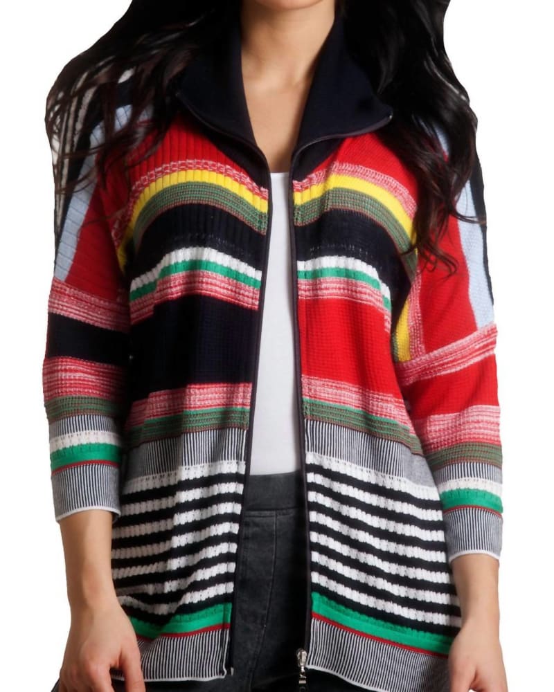 Front of a model wearing a size 1X Multi Striped 3/4 Sleeve Cardigan in Navy Multi in Navy Multi by ANGEL. | dia_product_style_image_id:327415